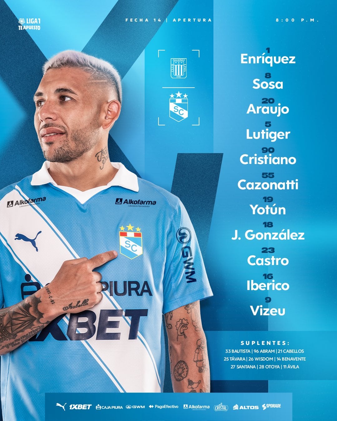 Once de Sporting Cristal para el duelo ante Alianza Lima por Liga 1 2026 - Crédito: X.