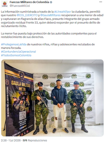 Colaboración ciudadana permitió rescate de menor y detención en flagrancia de presunto miembro armado - crédito @FuerzasMilCol/X