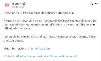 Captura de pantalla de una publicación en redes sociales de la cuenta de Infonavit referente a un nuevo modelo de recuperación crediticia