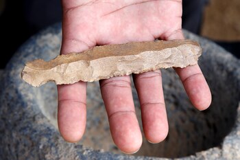 Un trabajador muestra un cuchillo