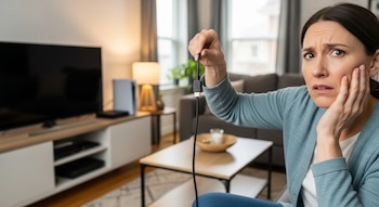 Una mujer con cárdigan azul y expresión confundida sostiene un cable HDMI. Al fondo, una sala de estar con un televisor, un mueble y una lámpara.