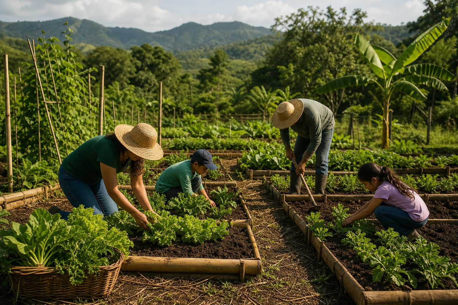 Una familia cultiva hortalizas en bancales sostenibles de un huerto familiar en una zona rural de Panamá. (Imagen Ilustrativa Infobae)