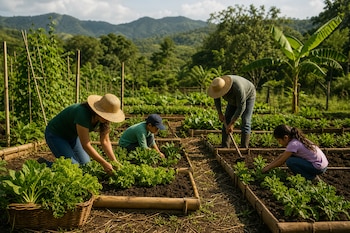 Cuatro personas, dos adultos y dos niños, cultivan hortalizas en bancales de madera rodeados de vegetación y montañas.
