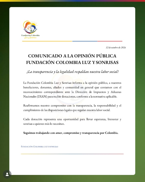 La fundación Colombia Luz y Sonrisas emitió un comunicado rechazando las declaraciones de Matador - crédito @colombialuzysonrisas/IG
