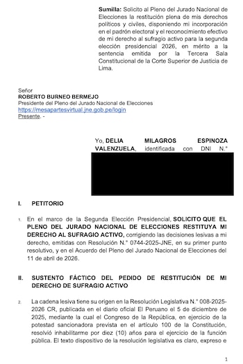 Pedido de Delia Espinoza al JNE