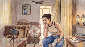 Ilustración a lápiz de una mujer con una regleta eléctrica junto a un teléfono en trípode, un aro de luz y dos lámparas de queroseno.
