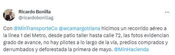 Ricardo Bonilla criticó los avances del metro de Bogotá - crédito captura de pantalla.