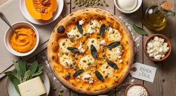 Pizza redonda con salsa de calabaza, mozzarella, ricota, hojas de salvia y semillas de calabaza sobre una mesa de madera, rodeada de ingredientes frescos.