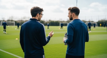 Una psicóloga deportiva y un futbolista, ambos de espaldas con ropa de entrenamiento azul, conversan en el campo. Otros jugadores entrenan de fondo.