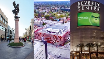 Tres paneles muestran escenas urbanas: una calle comercial con monumento, una vista aérea del Petersen Automotive Museum, y la fachada nocturna del Beverly Center
