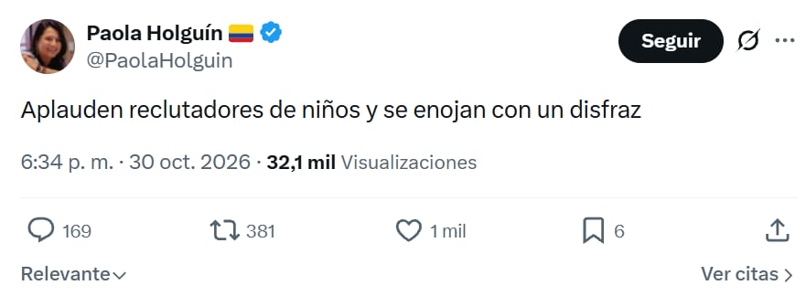 La ministra de Cultura, Paola Holguín, se refirió a las críticas que recibió por la postal del menor disfrazado por Abelardo de la Espriella - crédito @PaolaHolguin/X