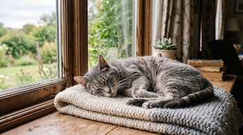 Un gato gris reposa sobre una manta tejida en el alféizar de madera de una ventana junto a libros y una maceta.
