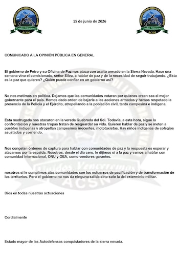 Así respondió e grupo armada ante los enfrentamiento en Santa Marta - crédito @ACSN_oficial/X