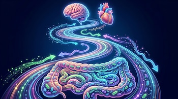 Ilustración del cerebro humano, un corazón, intestino grueso y delgado con microorganismos, y autopistas luminosas con flechas que los conectan.
