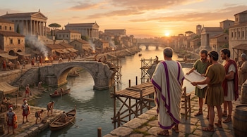 Vista de un río con puentes en construcción, edificios, barcos y numerosas personas. Un senador y hombres observan planos en la orilla al atardecer.