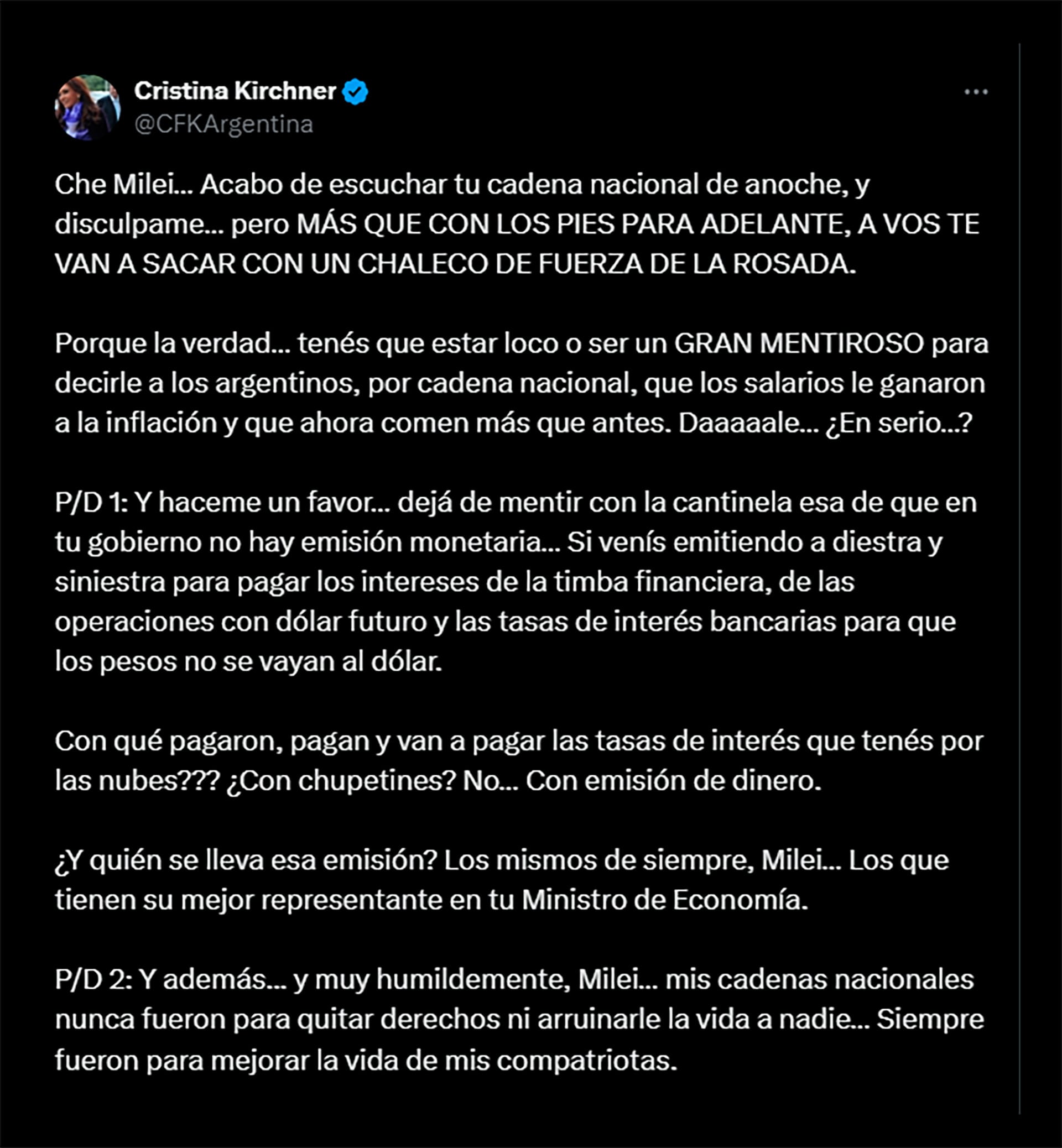 El posteo de Cristina Kirchner en su cuenta de X