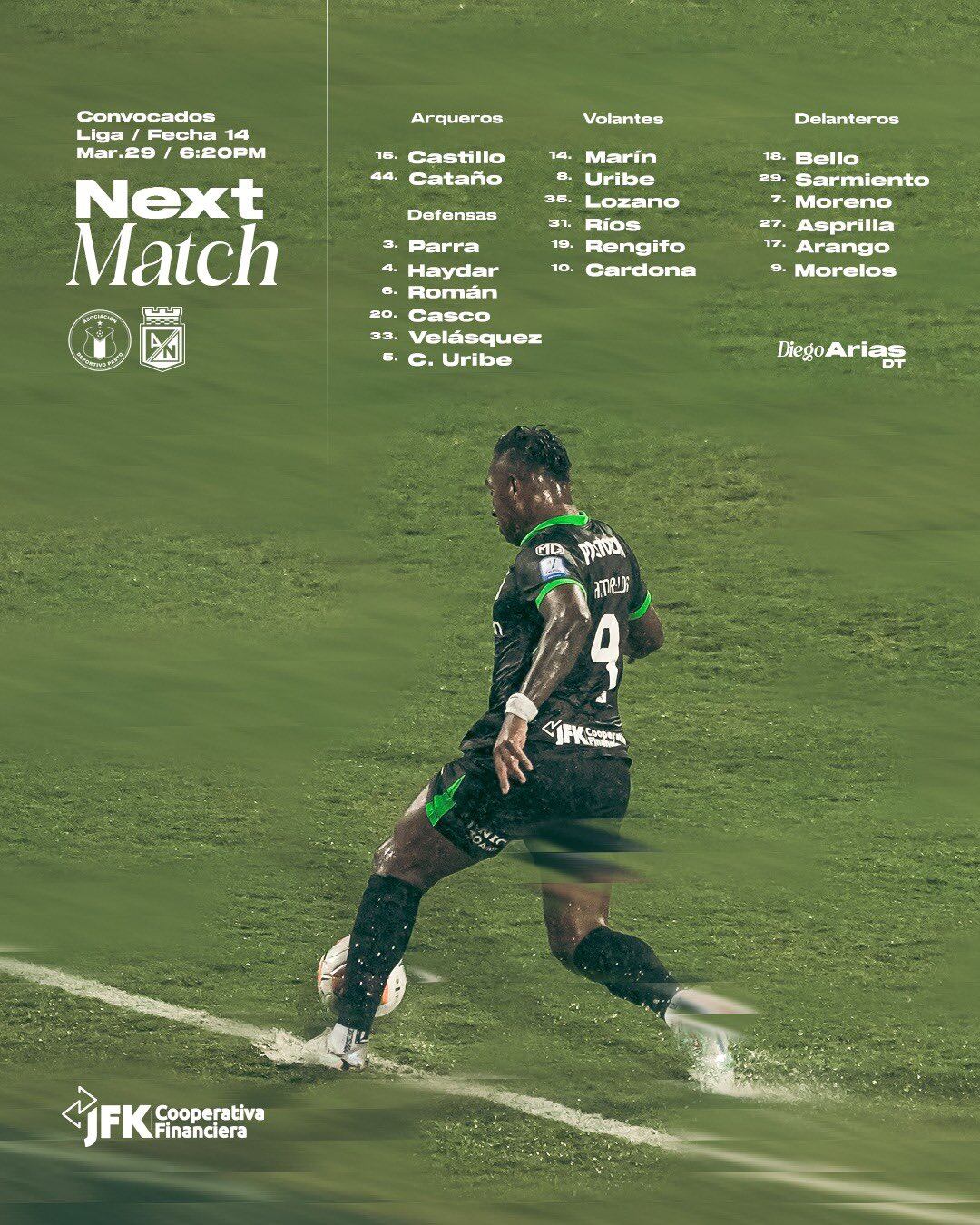 Lista de convocados en Nacional que viajaron a Pasto para medirse con los volcánicos por la Liga BetPlay - crédito Atlético Nacional