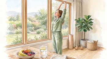 Ilustración en acuarela de una mujer en pijama estirándose junto a una ventana, con un tazón de fruta, una planta y pesas en el suelo.