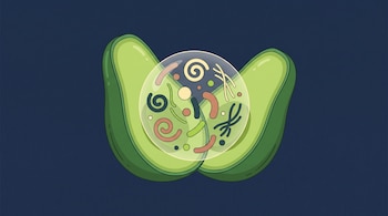 Ilustración de una palta cortada a la mitad que contiene una esfera transparente con formas orgánicas de colores sobre un fondo azul.