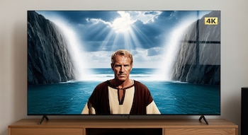 Televisor 4K negro sobre mueble de madera mostrando una escena de 'Los Diez Mandamientos' con un hombre en túnica, mar dividido y acantilados rocosos. Logo 4K visible.