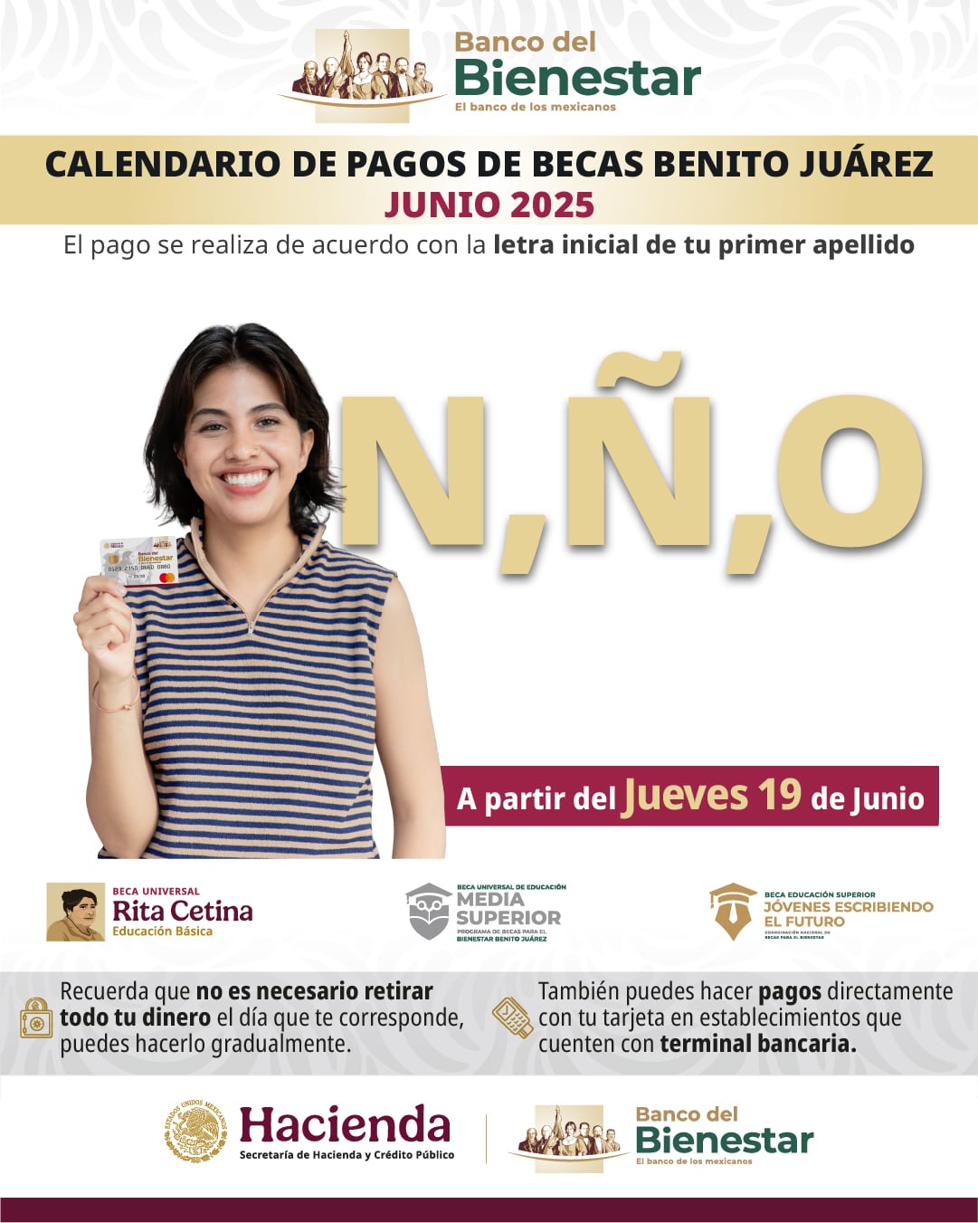 Estudiantes con apellidos que inician con N, Ñ u O recibirán el pago de la Beca Benito Juárez correspondiente al bimestre mayo-junio, directamente en su tarjeta del Banco del Bienestar