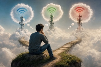 Un hombre sentado de espaldas observa tres antenas de telecomunicación rodeadas de nubes y símbolos de conexión sobre un cielo nublado.