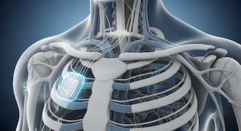 Ilustración de un torso humano mostrando costillas, clavículas, vasos sanguíneos y un implante electrónico conectado a nervios del cuello.