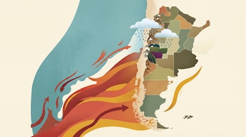 Mapa estilizado de Argentina con flechas rojas y anaranjadas en el océano Pacífico, montañas, nubes con gotas de lluvia y campos de cultivo.