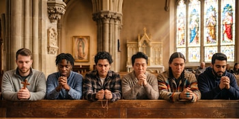 Seis jóvenes de diversas etnias oran sentados en un banco de iglesia con los ojos cerrados y las manos juntas; hay vitrales y un altar al fondo