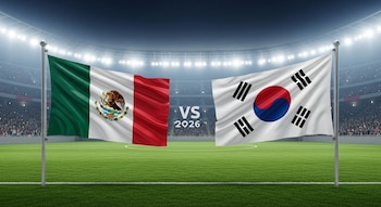 Banderas de México y Corea del Sur ondean en un estadio de fútbol con césped verde. Hay un público difuminado en las gradas iluminadas y el texto "VS 2026" al centro.