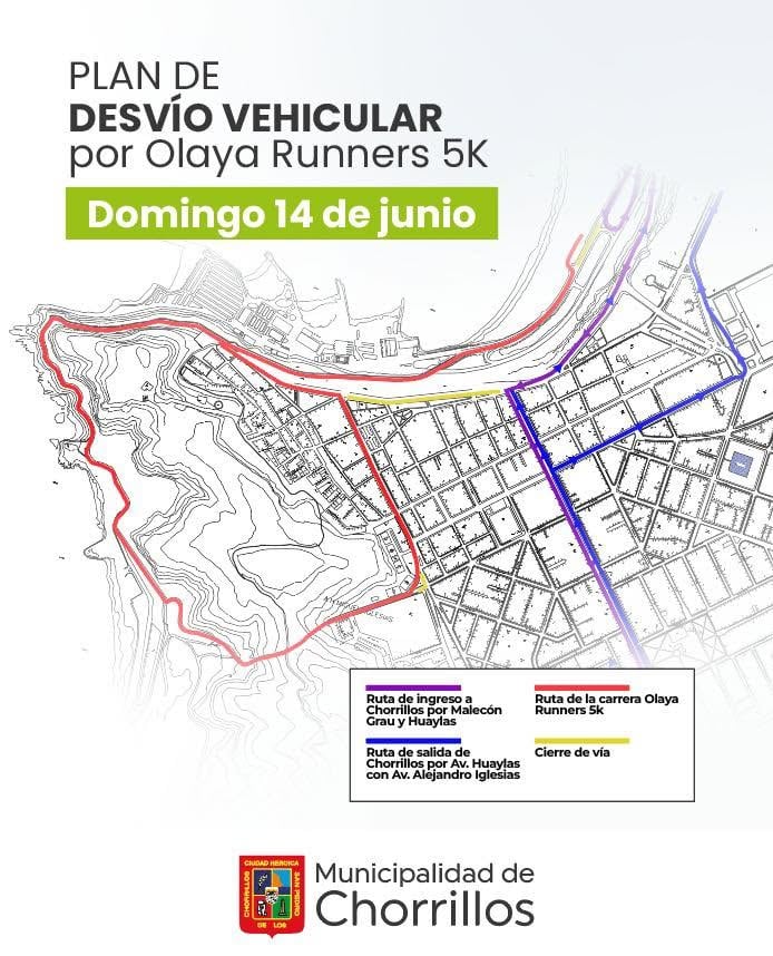 Un mapa detalla el plan de desvío vehicular temporal en Chorrillos para la carrera Olaya Runners 5K que se realizará el domingo 14 de junio, garantizando la seguridad de participantes y público. (Foto: Municipalidad de Chorrillos)