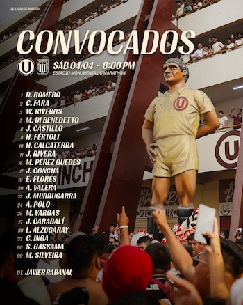 Imagen muestra la lista de jugadores convocados de Universitario sobre un fondo con una estatua de futbolista y aficionados en las gradas de un estadio
