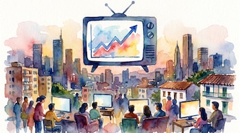 Ilustración en acuarela de una ciudad con edificios, personas mirando pantallas de computadora y un televisor antiguo central con un gráfico de tendencia al alza.