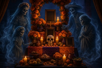 Altar con niveles, flores de cempasúchil, velas, calavera central, marcos y cuatro figuras esqueléticas vaporosas de aspecto humano alrededor.