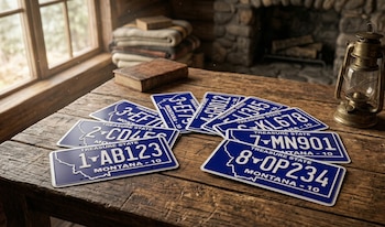 Varias placas de matrícula azules del estado de Montana, con un icono de calavera de toro, están sobre una mesa de madera rústica