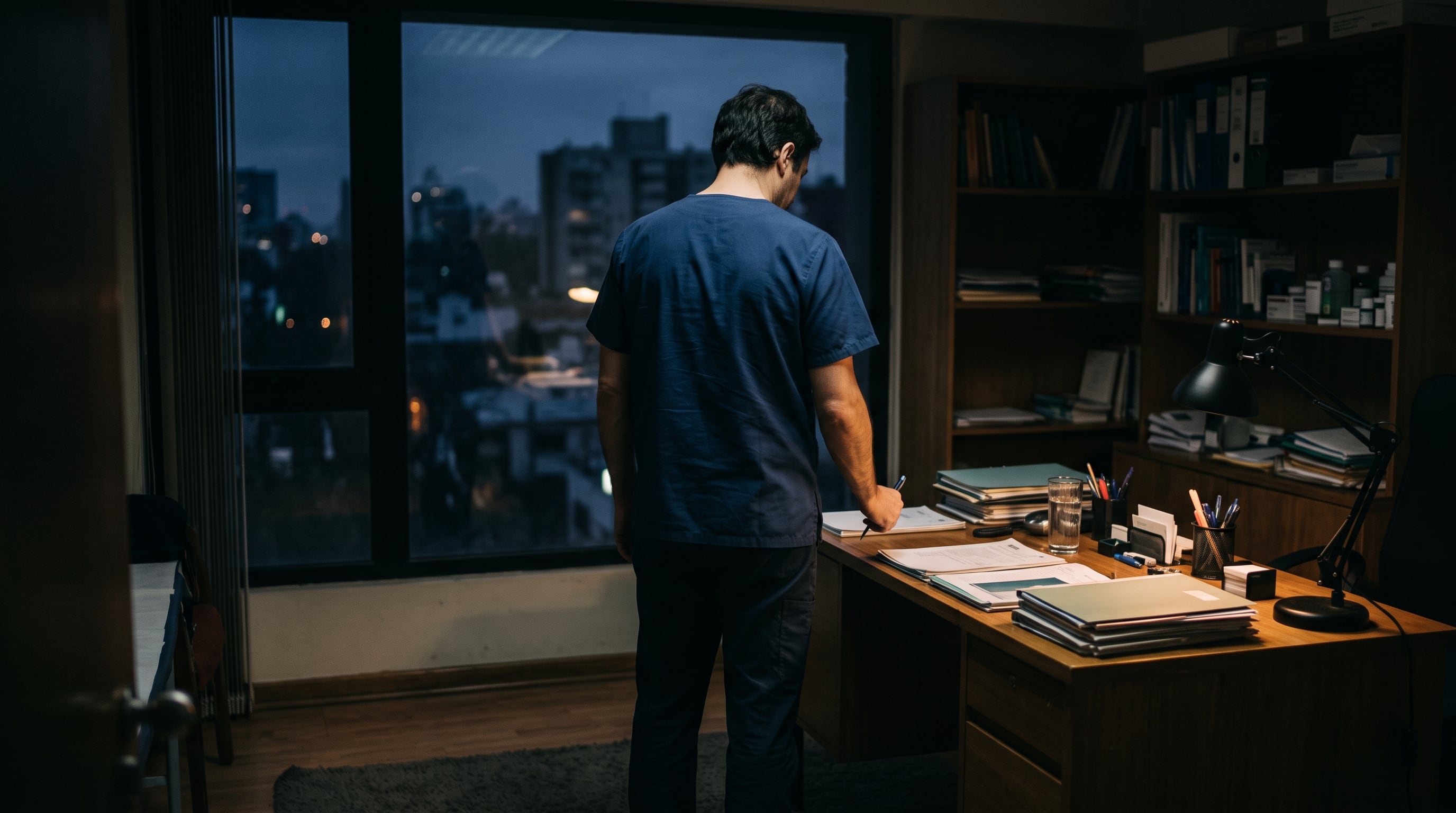 Un médico revisa documentos en su escritorio dentro de un consultorio durante la noche. (Imagen Ilustrativa Infobae/IA)