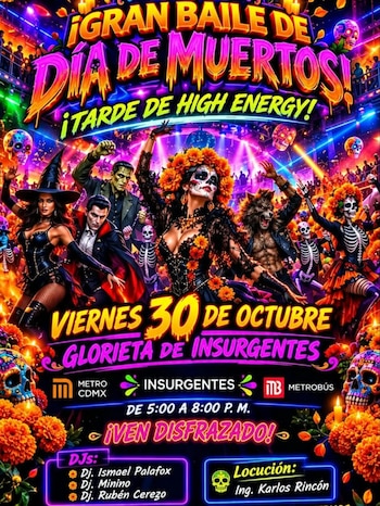 Cartel con texto alusivo al Día de Muertos, figuras con disfraces, flores de cempasúchil, calaveras y logotipos del transporte público