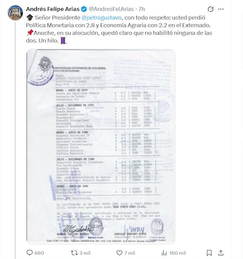 Andrés Felipe Arias recordó que Gustavo Petro perdió Política Monetaria con 2,8 y Economía Agraria con 2,2 en la Universidad del Externado - crédito @AndresFelArias/X