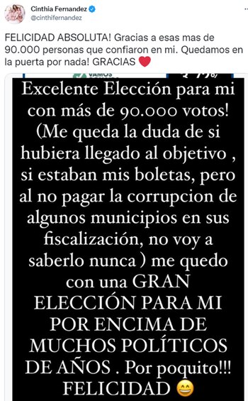 El posteo de Cinthia Fernández