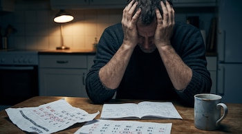 Un hombre sentado a la mesa de una cocina sostiene su cabeza entre las manos, junto a calendarios, una libreta y una taza.