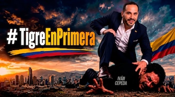 Hombre de traje pisa a otro hombre en el suelo con la inscripción "Iván Cepeda". Fondo urbano al atardecer, bandera colombiana y el hashtag #TigreEnPrimera.