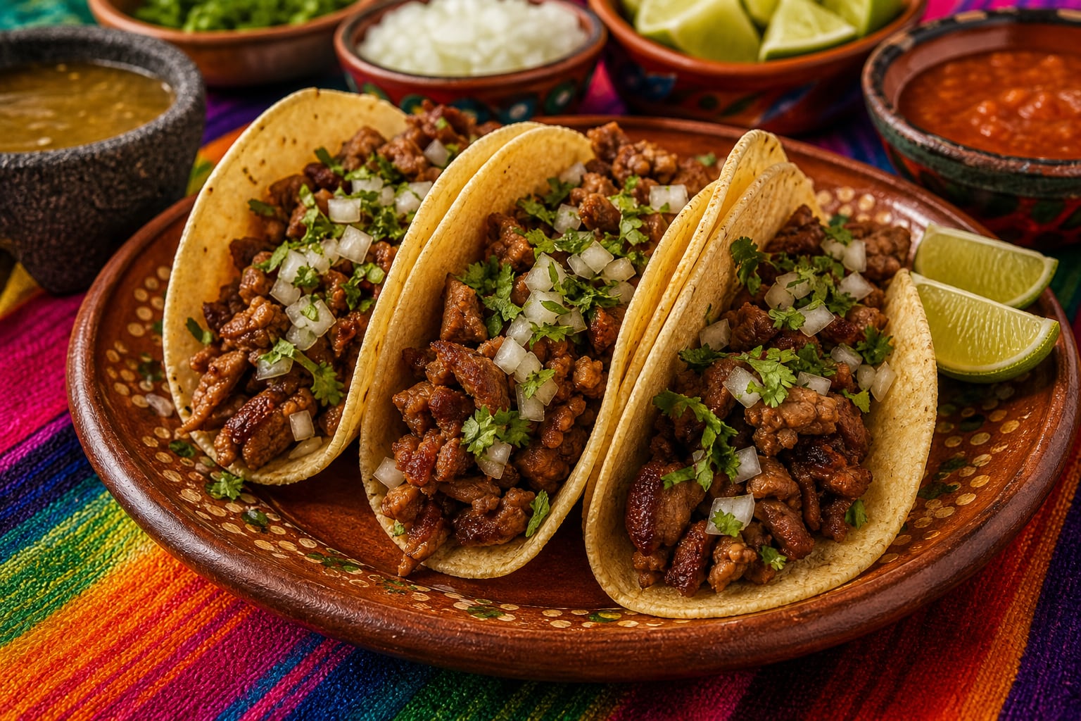 Tres tacos de carne picada con cebolla y cilantro reposan sobre un plato de barro rodeado de recipientes con salsa verde, salsa roja y rodajas de limón. (Imagen Ilustrativa Infobae)