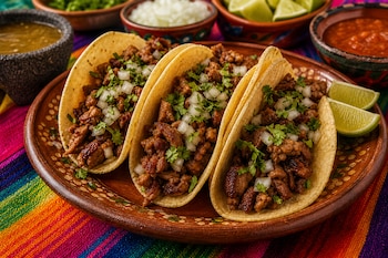 Tres tacos con carne, cebolla y cilantro en un plato de barro, junto a tazones con salsas, cebolla picada y trozos de limón.