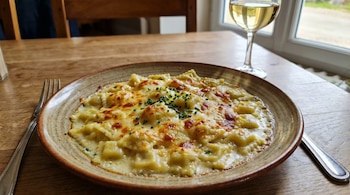 Plato de ravioles gratinados con queso y cebollino sobre mesa de madera. Tenador a la izquierda y copa de vino blanco al lado de una ventana.
