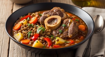 Un guiso de lentejas con trozos de osobuco y hueso, zanahorias, patatas y pimientos rojos en un cuenco negro sobre una mesa de madera.