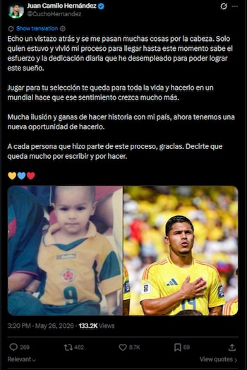 El delantero del Real Betis de España recibió su llamado mundialista con la Selección Colombia-crédito @CuchoHernandez/X