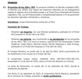 Congreso agenda proyecto de ley