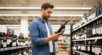Hombre caucásico de barba corta y camisa de mezclilla azul lee la etiqueta de una botella de vino tinto en un pasillo de supermercado iluminado.