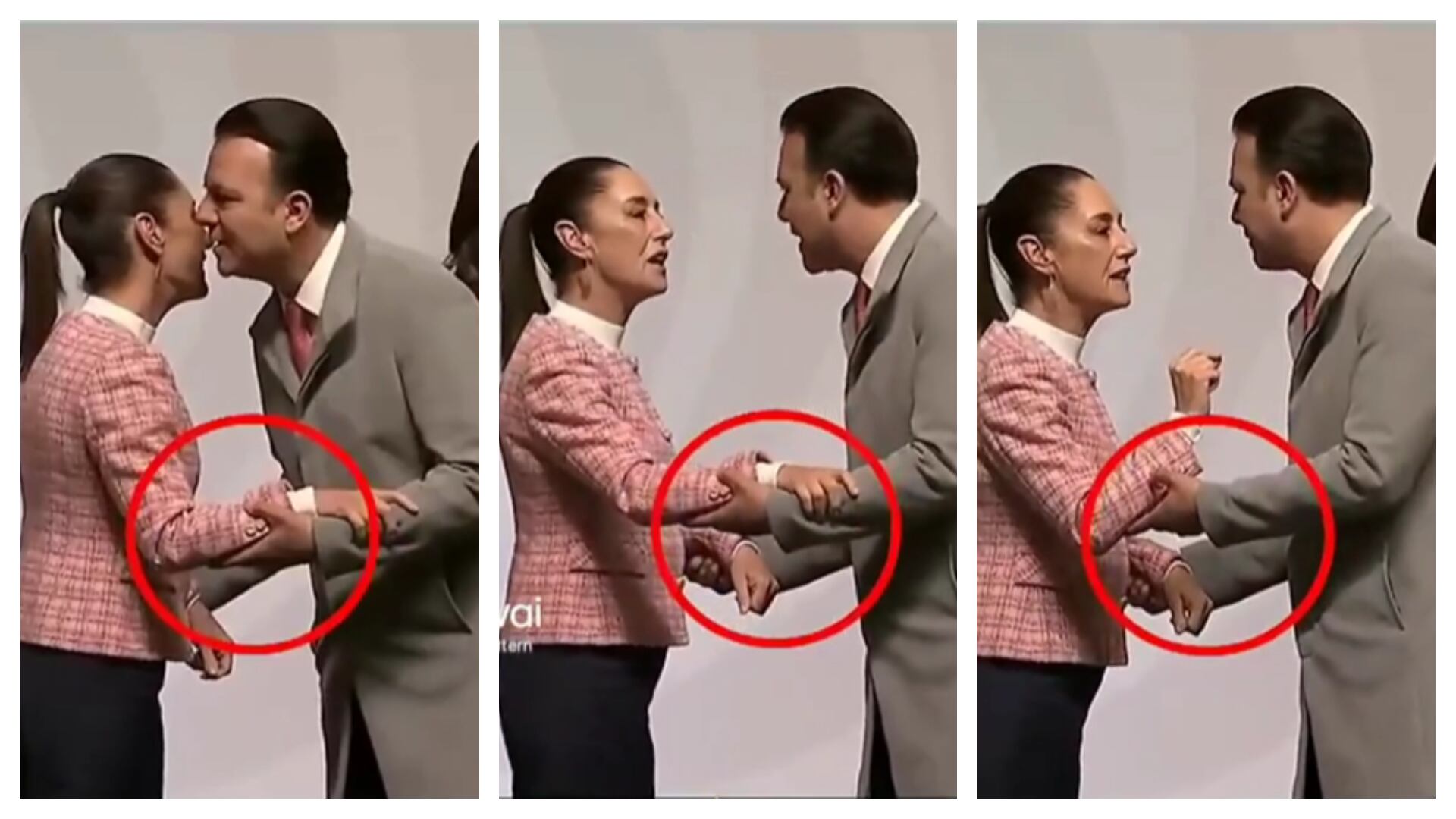 El momento en el que el gobernador de Durango Esteban Villegas toma por la fuerza del brazo a la presidenta Claudia Sheinbaum, sin embargo ella reaccionó tranquila y le hizo señas que se esperara para hablar posteriormente