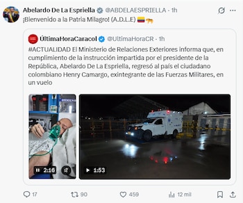 El presidente de la República, Abelardo de la Espriella le dio la bienvenida al exintegrante de las Fuerzas Militares - crédito @ABDELAESPRIELLA/X